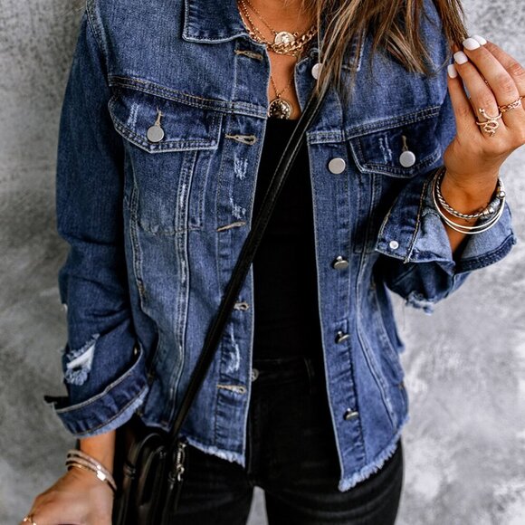 Halo & Harley Jackets & Blazers - Denim jacket with distressed and raw hem design to highlight your chic style